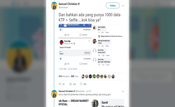 Tweet @hendralm yang menunjukkan banyak penjual data