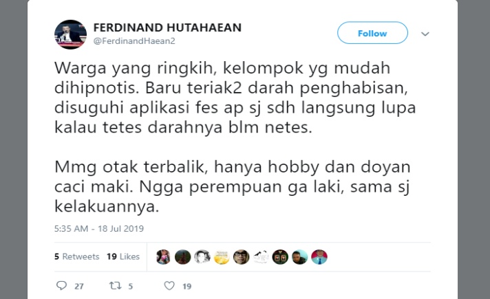 Cuitan Ferdinand Hutahean mengkritik pengguna aplikasi Face App