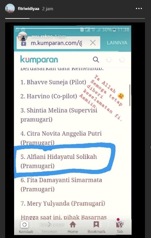 Unggahan Harapan Pramugari Alfiani Selamat