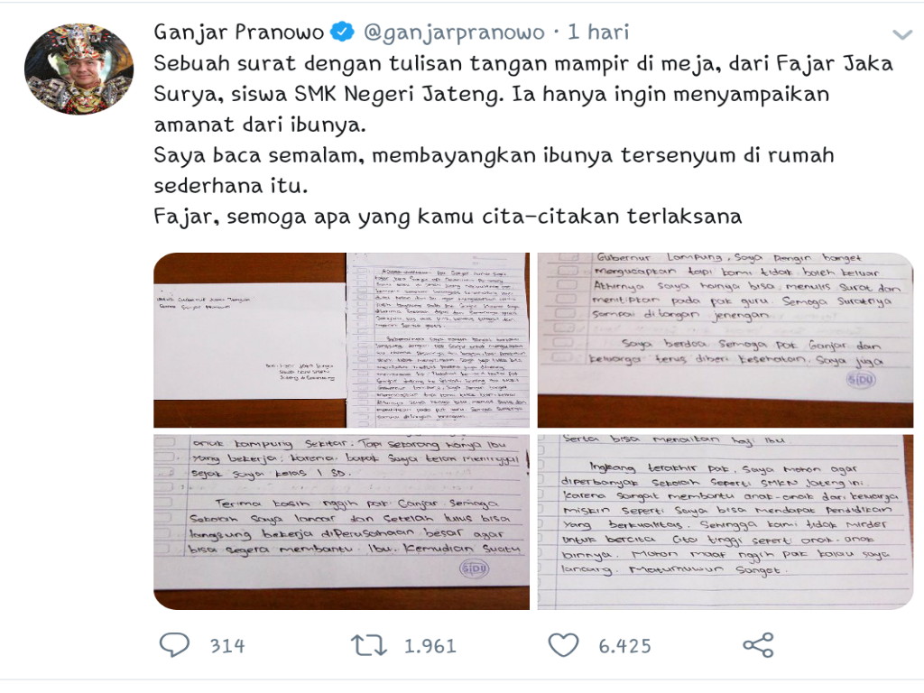 Surat Cinta Siswa SMK untuk Gubernur Ganjar Pranowo