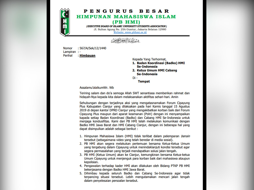 Surat himbauan PB HMI