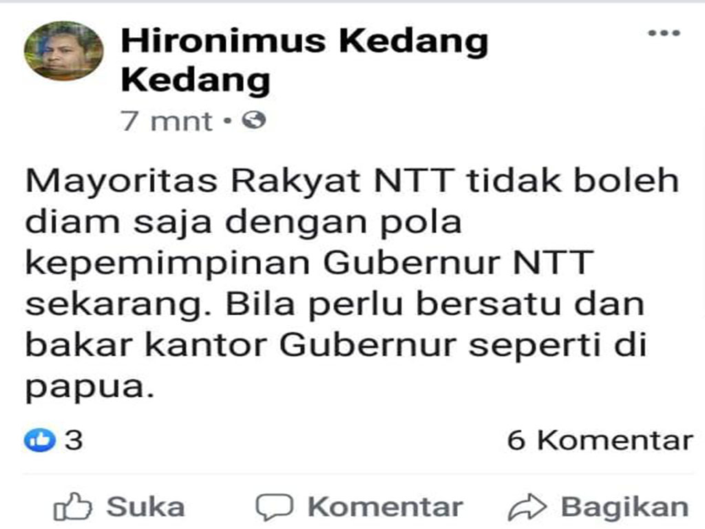 Status Hironimus Kendang di akun Facebooknya