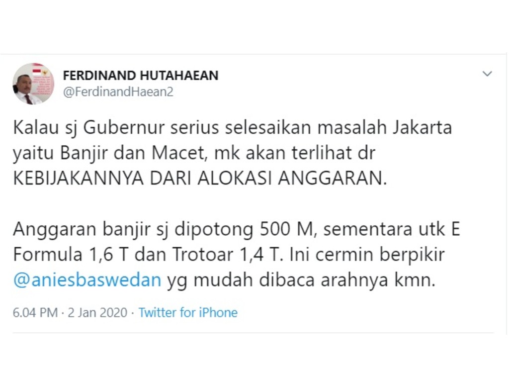 Cuitan Ferdinand Huatahaean soal banjir