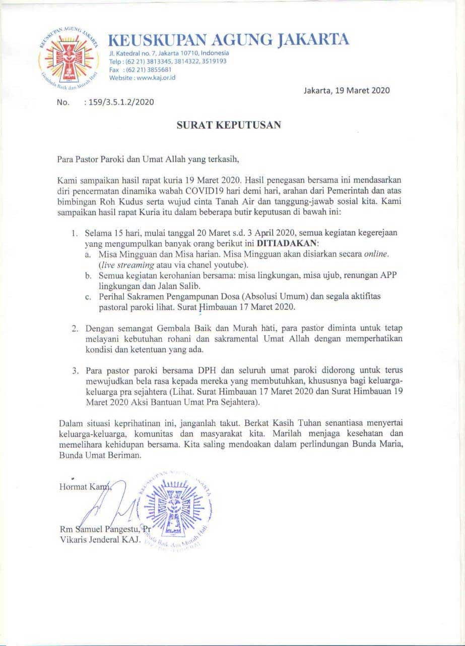 Keuskupan Agung Jakarta Tidak Adakan Misa Selama 2 Minggu