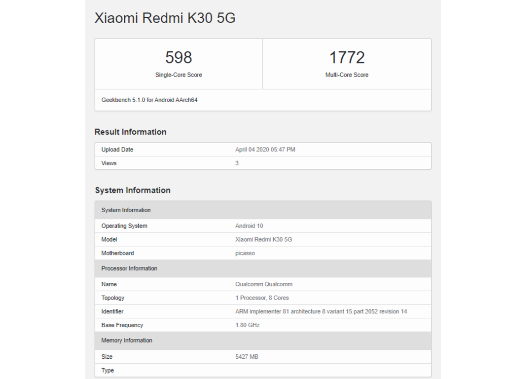 Geekbench Snapdragon 765G