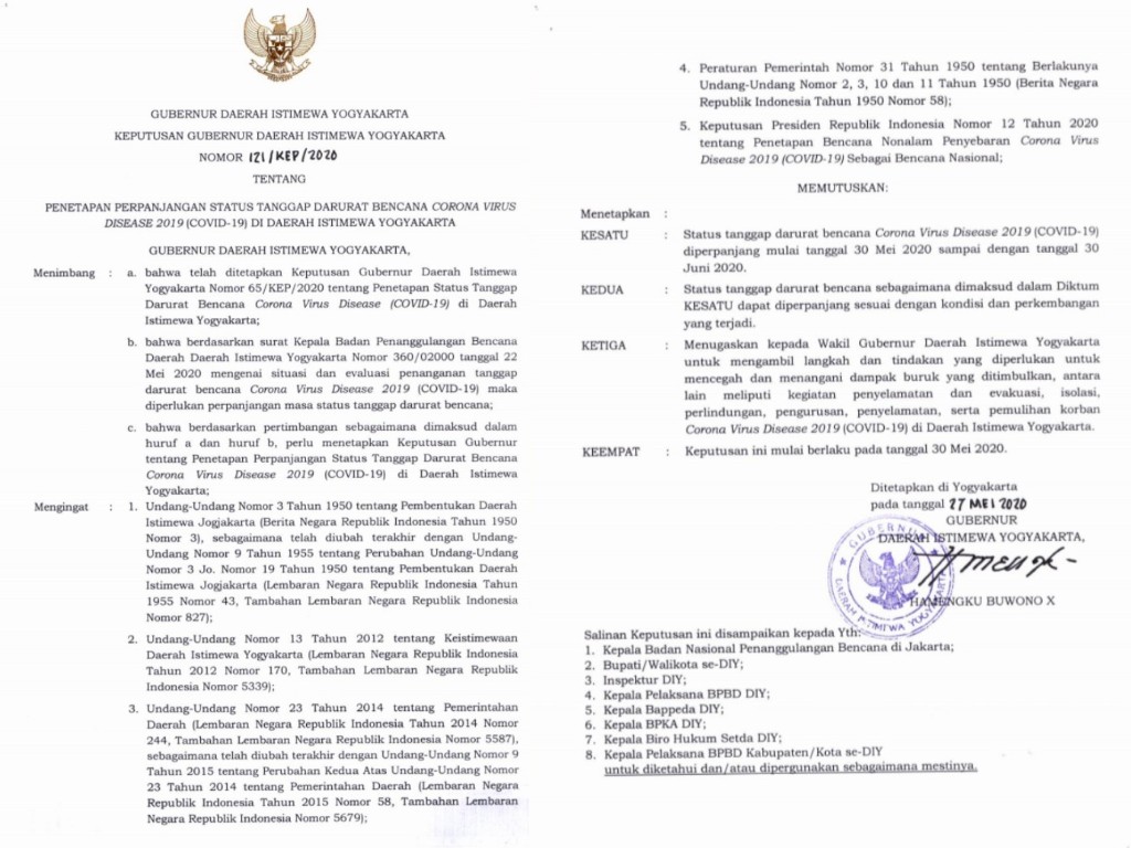 Surat keputusan perpanjangan KLB Corona Yogyakarta