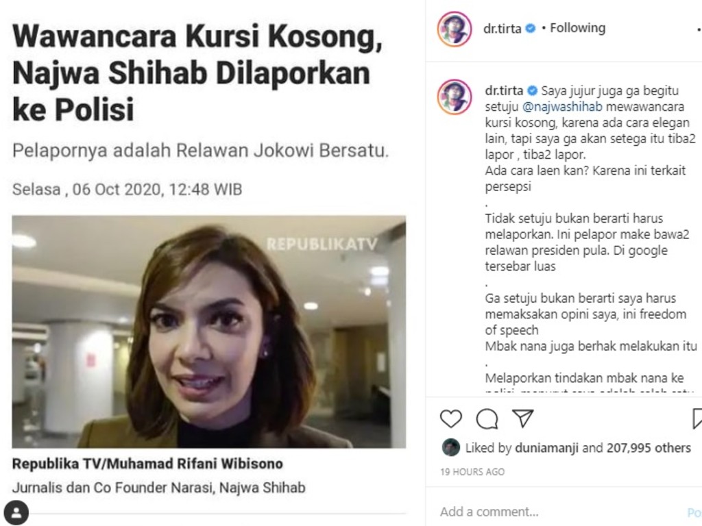 Dr Tirta Siap Bela Najwa Shihab Lawan Relawan Jokowi Bersatu Tagar 