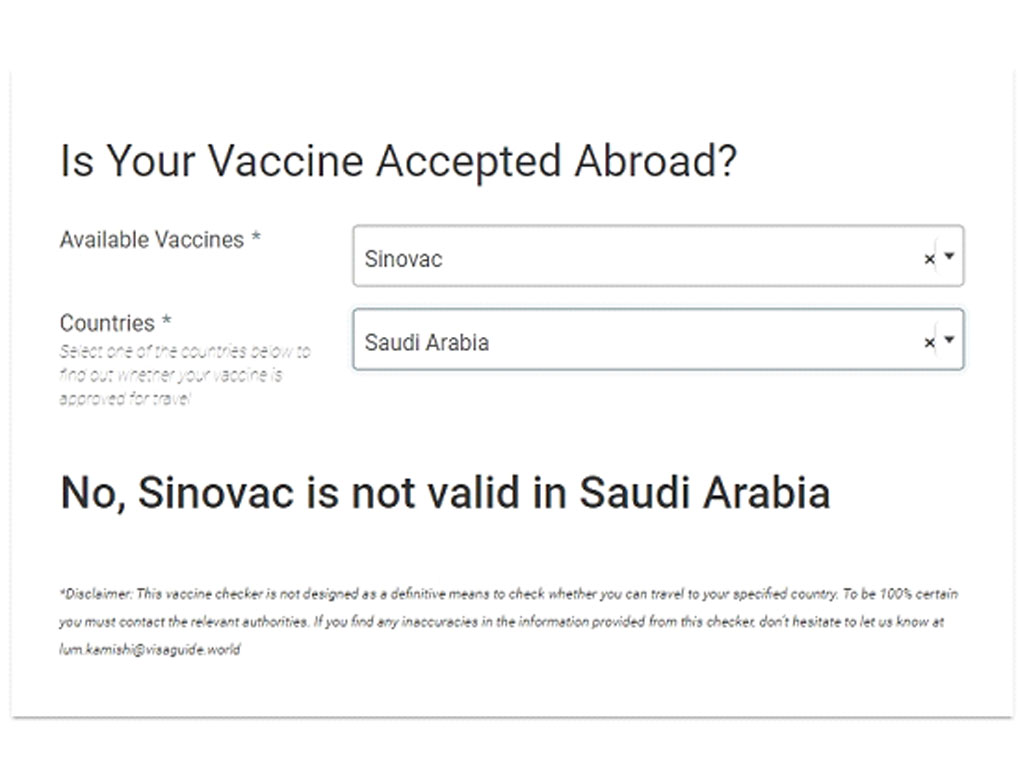 vaksin sinovac tidak diakui di arab saudi