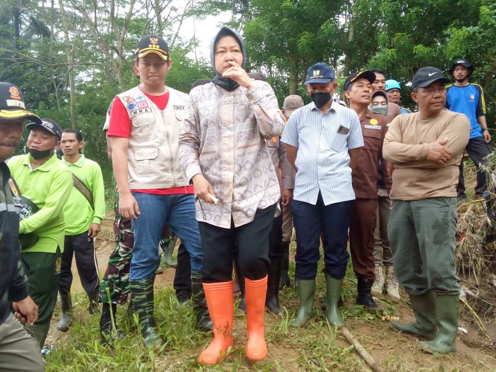 Tanpa segan, Mensos turun langsung ke sungai Kali Tengah menarik material kayu untuk mengurangi hambatan arus air