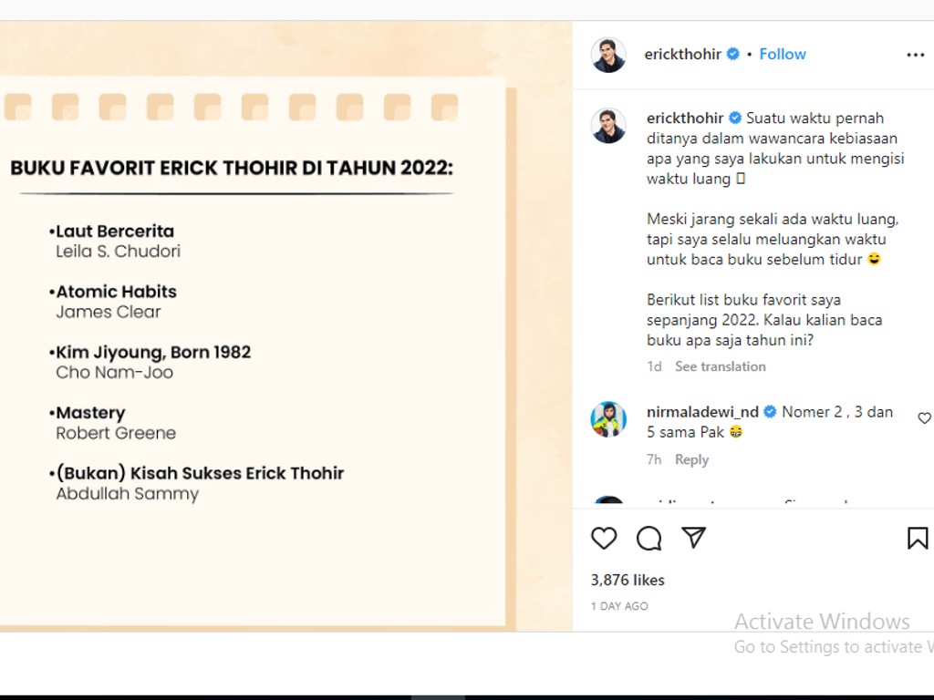 Santapan Buku Erick Thohir di 2022, Didominasi Biografi dan Sejarah