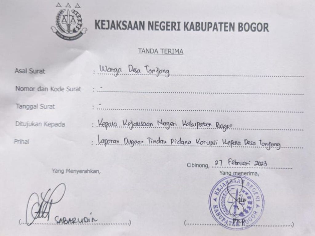 Kepala Desa Tonjong Dilaporkan Warga Terkait Dugaan Tindak Pidana Korupsi