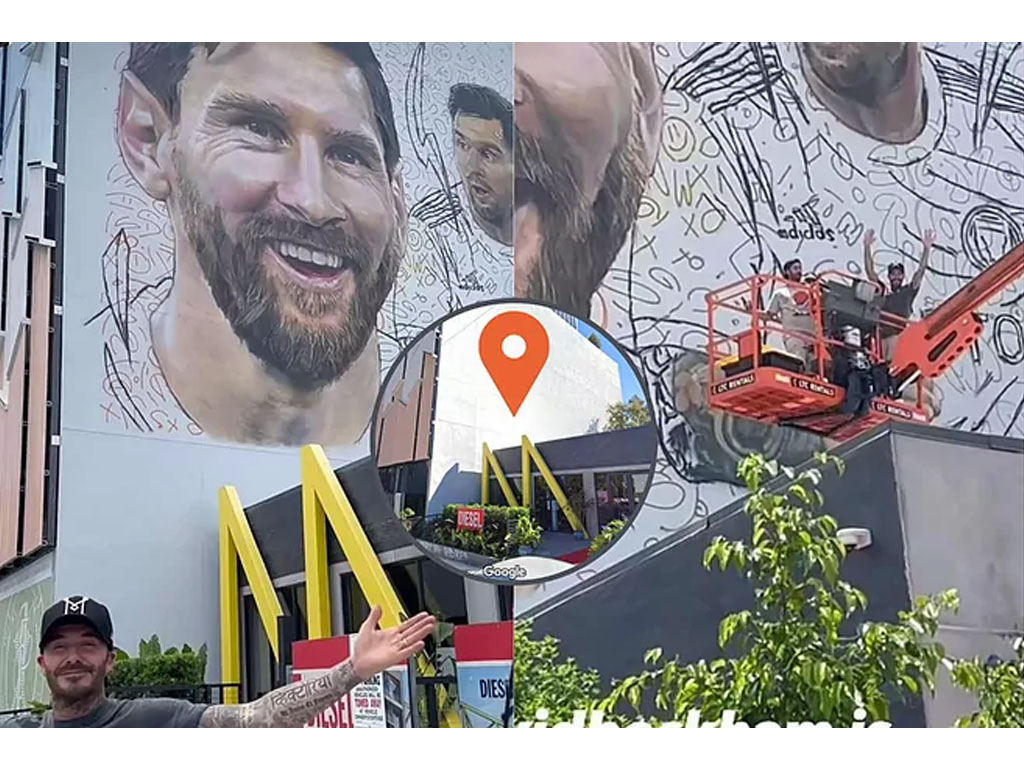 David Beckham pose di depan mural messi